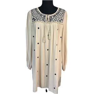 Umgee Tan and Blue Shirt Dress Size M Embroidered Front Lightweight